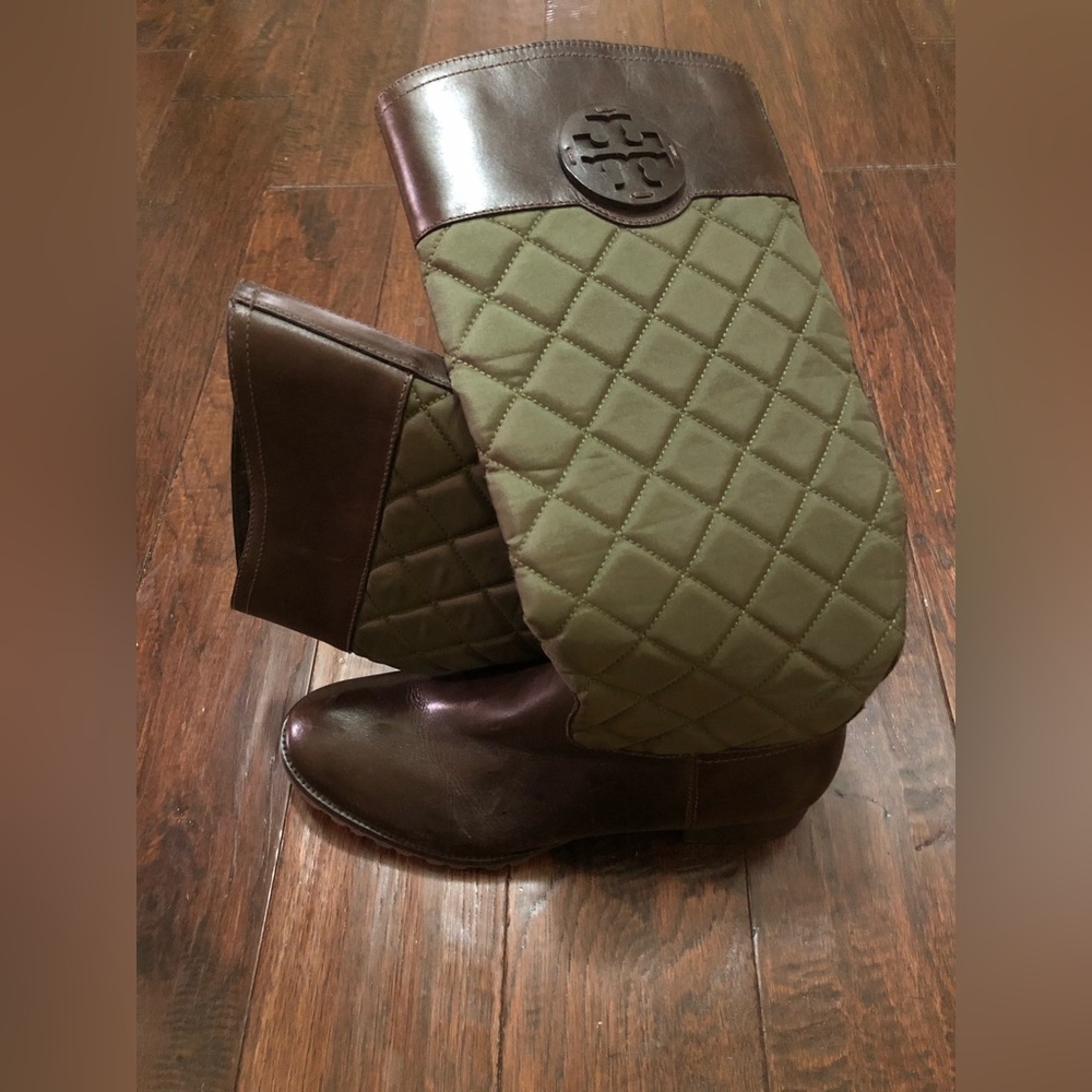 Tory Burch Olive and Brown Quilted Boots